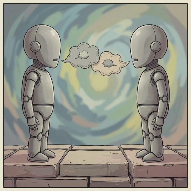 Robotic figures exchanging speech bubbles